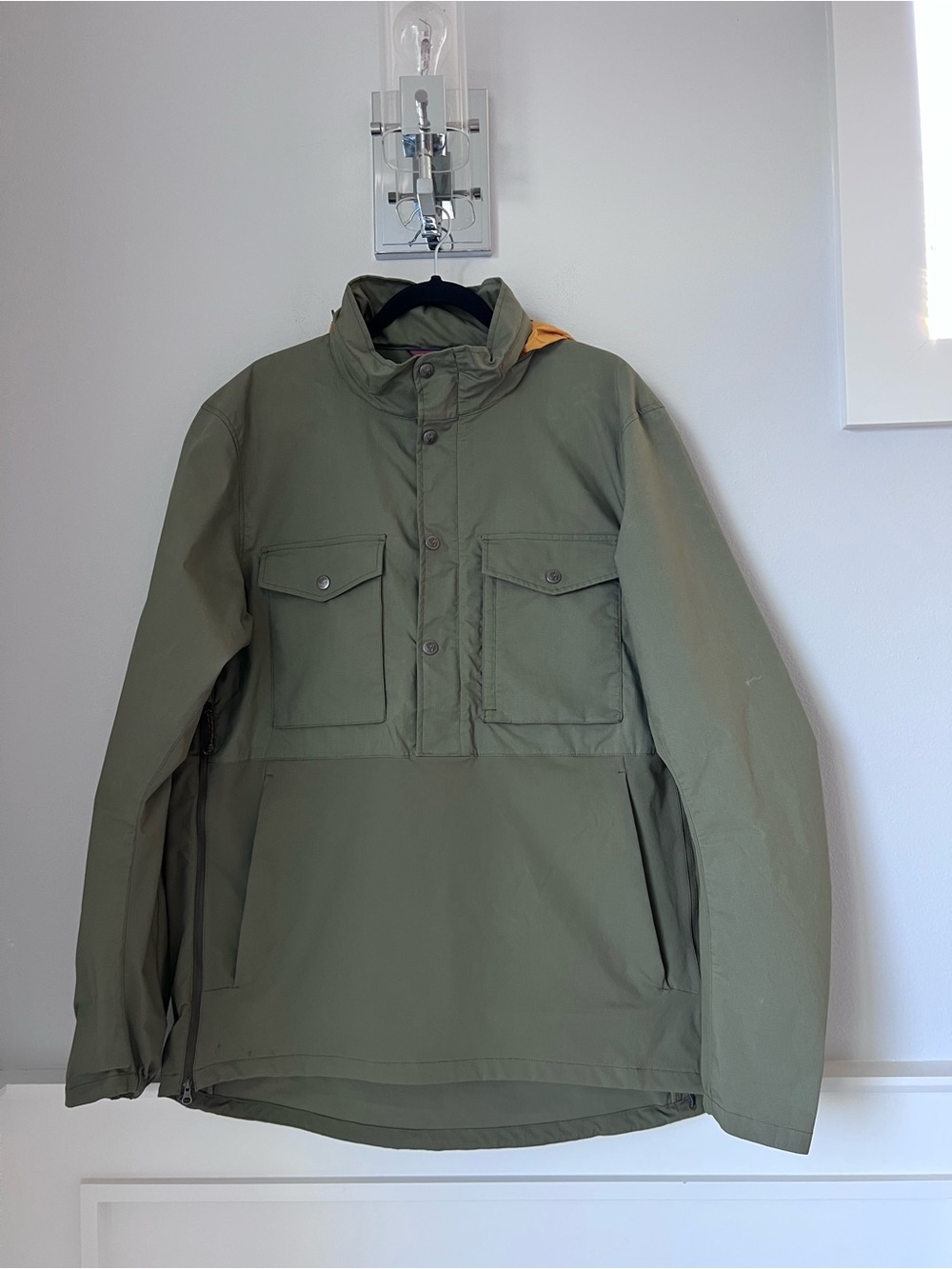 Fjallraven Olive Green Lightweight Pullover Shirt Jacket with Yellow Hood Accent
